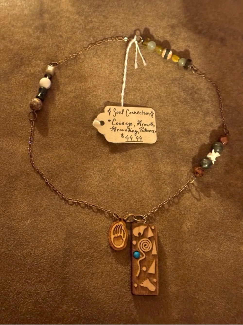 Wooden Pendulum Necklace with Snake Vertebrae and Gemstones